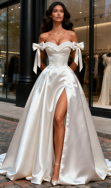 Shop 2025 ANNAKOO Satin Off The Shoulder Ruched A Line Wedding Dress With Slit Under 219