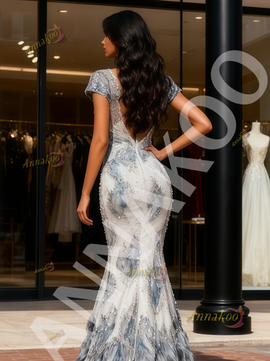 Shop 2025 ANNAKOO Short Sleeve V Neck Trumpet Mermaid Beading Pleats Prom Dress Under279