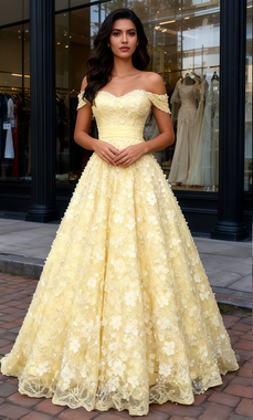 Shop 2025 ANNAKOO Yellow Off The Shoulder Floral A Line Tulle Prom Dress Under 199