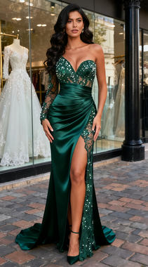 Shop 2025 ANNAKOO Dark Green One Shoulder Satin & Lace Mermaid Prom Dress Under 199