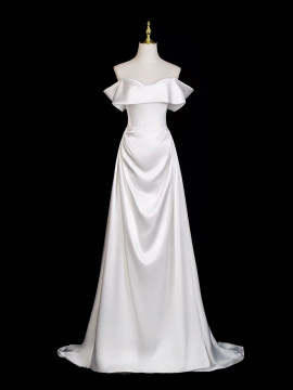  A-Line Off Shoulder Satin White Ruched Prom Dress