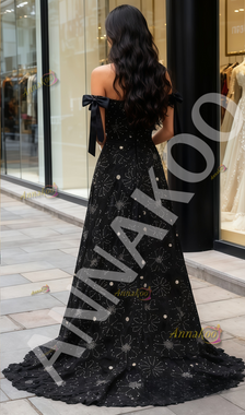 Shop 2025 ANNAKOO Tie Shoulder Black Beading Flower A Line Prom Dress Under 189