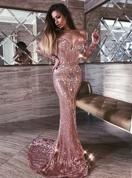 Rose Gold Sequined Long Sleeves Mermaid Off Shoulder  Prom Evening Dress