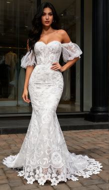 Shop 2025 ANNAKOO Sweetheart Lace Puffy Sleeve Trumpet Mermaid Wedding Dress Under 249