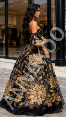 Shop 2025 ANNAKOO Puffy Sleeves Beading Black Flower Ball Gown Prom Dress Under 259