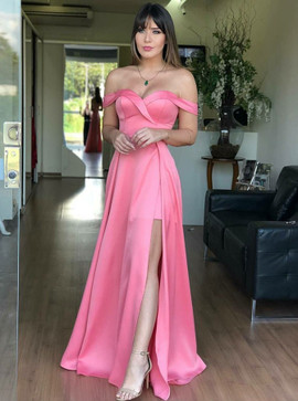 Pink Satin A-Line Off-the-Shoulder Prom Dress with Split
