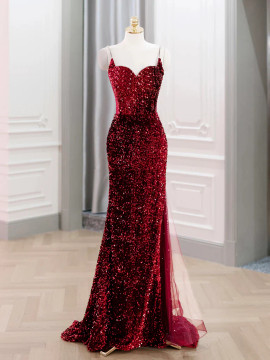 Shop 2026 ANNAKOO Burgundy Sequin Spaghetti Straps Backless Mermaid Prom Dress Under 189