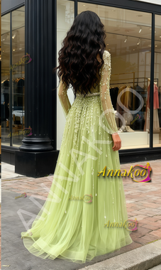 Shop 2026 ANNAKOO Long Sleeve Green Tulle Beading A Line Square Prom Dress  Under 456