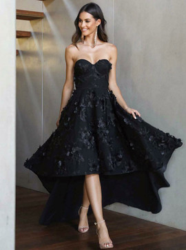 Appliques Black Satin Sweetheart High Low Prom Evening Dress