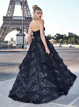 Appliques Black Satin Sweetheart High Low Prom Evening Dress