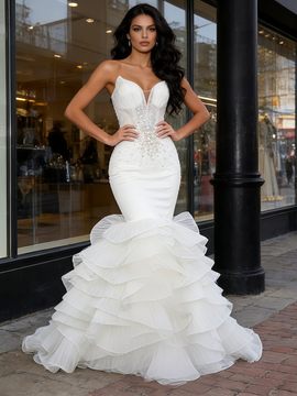 Shop 2026 ANNAKOO White Sweetheart Beading Ruffles Tulle Trumpet Mermaid Wedding Dress Under 799