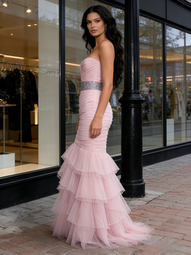 Shop 2026 ANNAKOO Ruffles Pink Sweetheart Trumpet Mermaid Tulle Beading Prom Dress Under 399