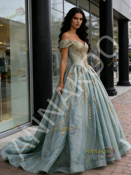 Shop 2026 ANNAKOO Green Off The Shoulder Appliques Ball Gown Tulle Prom Dress Under 799