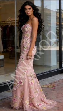 Shop 2026 ANNAKOO Strapless Trumpet Mermaid Floral Tulle Ruffles Prom Dress Under 799