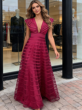 Shop 2026 ANNAKOO Fuchsia A Line Ruffles Tulle V Neck Prom Dress Under 198