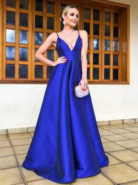 Spaghetti Straps Long Royal Blue Satin Prom Party Dress