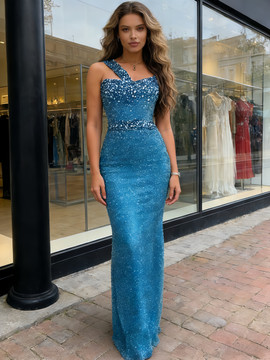 Shop 2026 ANNAKOO Blue Beading One Shoulder Sequin Trumpet Mermaid Prom Dress Under 239