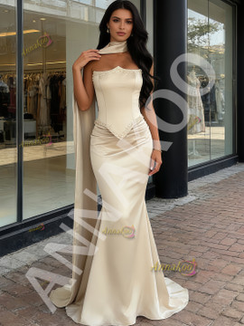 Shop 2026 ANNAKOO Champagne Trumpet Mermaid Satin Shawl Beading Prom Dress Under 239