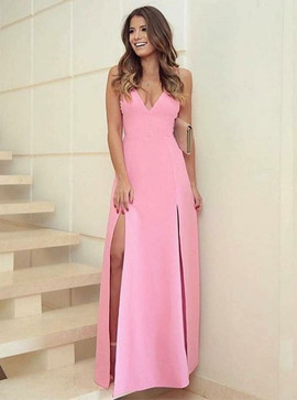 Sexy Sheath V-Neck Long  Pink Satin Prom Dress with Split