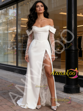 Shop 2026 ANNAKOO White Off The Shoulder Chiffon Lace A Line Wedding Dress With Slit Under 169