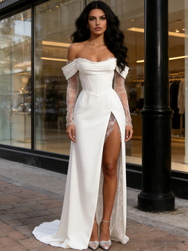Shop 2026 ANNAKOO White Off The Shoulder Chiffon Lace A Line Wedding Dress With Slit Under 169