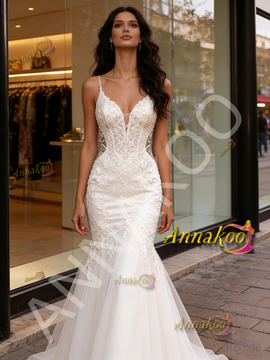 Shop 2026 ANNAKOO Spaghetti Straps Tulle Appliques Trumpet Mermaid Wedding Dress Under 289