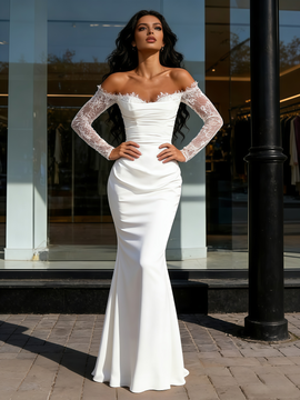 Shop 2026 ANNAKOO White Off The Shoulder Lace Sleeve Trumpet Mermaid Wedding Dress Under 189