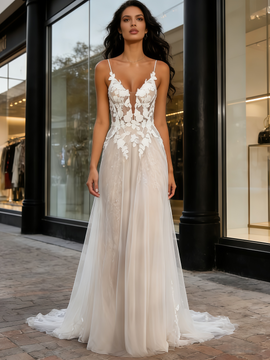 Shop 2026 ANNAKOO Spaghetti Straps Tulle Champagne A Line Spakle  Wedding Dress Under 189