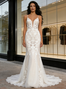 Shop 2026 ANNAKOO Trumpet Mermaid Sheer Lace Appliques V Neck Wedding Dress Under 289