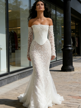 Shop 2026 ANANKOO Long Sleeve Strapless Beading Tulle Trumpet Mermaid Wedding Dress Under 289