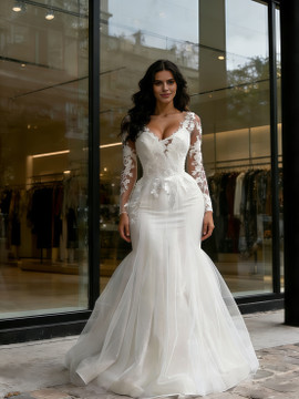 Shop 2026 ANNAKOO Long Sleeve V Neck Trumpet Mermaid Appliques Tulle Wedding Dress Under 289
