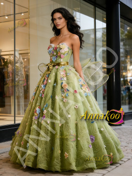 Shop 2026 ANNAKOO Green Flower Tulle A Line Sweetheart Pricess Prom Dress Under 299