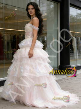Shop 2026 ANNAKOO Pink Tulle Off The Shoulder Appliques Ruffles Prom Dress Under 399