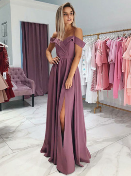 Split Satin Prom Cold Shoulder Purple Party Dress