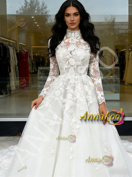 Shop 2026 ANNAKOO High Neck Lace Tulle Appliques A Line Long Sleeve Wedding Dress Under 289