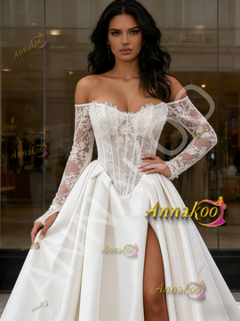 Shop 2026 ANNAKOO Off The Shoulder Long Sleeve Satin Lace Wedding Dress With Slit Under 199