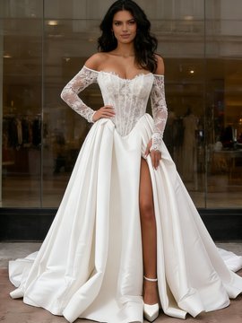 Shop 2026 ANNAKOO Off The Shoulder Long Sleeve Satin Lace Wedding Dress With Slit Under 199