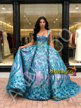 Ball Gown Square Sequin Print Green Prom Dress