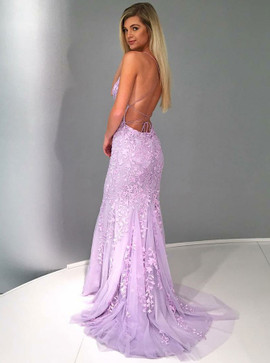 Appliques Lilac Tulle Mermaid Spaghetti Straps Prom Evening Dress 