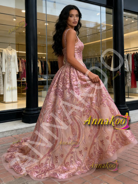 Shop 2026 ANNAKOO Pink Sequin Detachable Train Floral Sheath Column Prom Dress Under 289