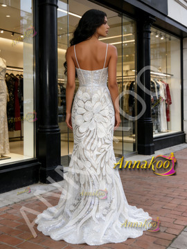 Shop 2026 ANNAKOO White V Neck Trumpet Mermaid Sequin Floral Prom Dress Under 198