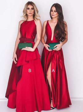 Sexy Split Satin V-Neck Low Cut Red Prom Evening Dress