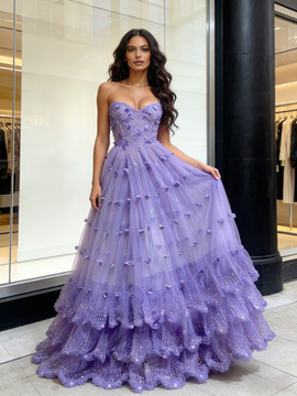 Shop 2026 ANNAKOO Sweetheart Flower Ruffles A Line Purple Tulle Sparkle Prom Dress Under 289