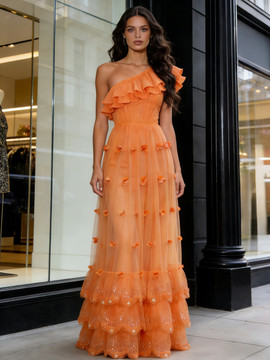 Shop 2026 ANNAKOO One Shoulder Ruffles Orange Tulle Sparkle Prom Dress Under 239