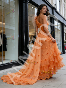 Shop 2026 ANNAKOO One Shoulder Flower A Line Tulle Sparkle Orange Prom Dress Under 289