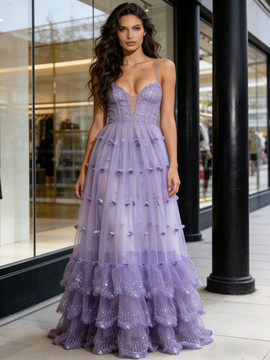 Shop 2026 ANNAKOO Purple Spaghetti Straps Tulle Sparkle A Line Prom Dress Under  289