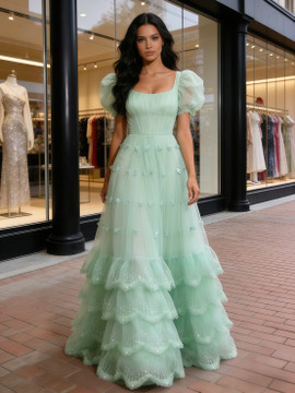 Shop 2026 ANNAKOO Green Puffy Sleeve A Line  Sparkle Ruffles Prom Dress Under 239