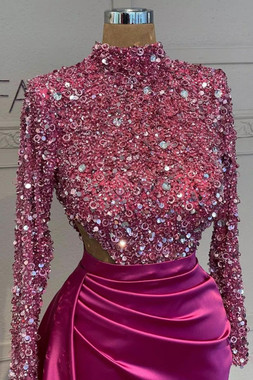Fuchsia Sequin-Embellished High Neck Prom Dress