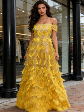Shop 2026 ANNAKOO Off The Shoulder Feather Yellow A Line Sparkle Prom Dress Under 298