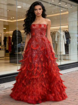Shop 2026 ANNAKOO Red Strapless Feather A Line Sparkle Prom Dress Under 249